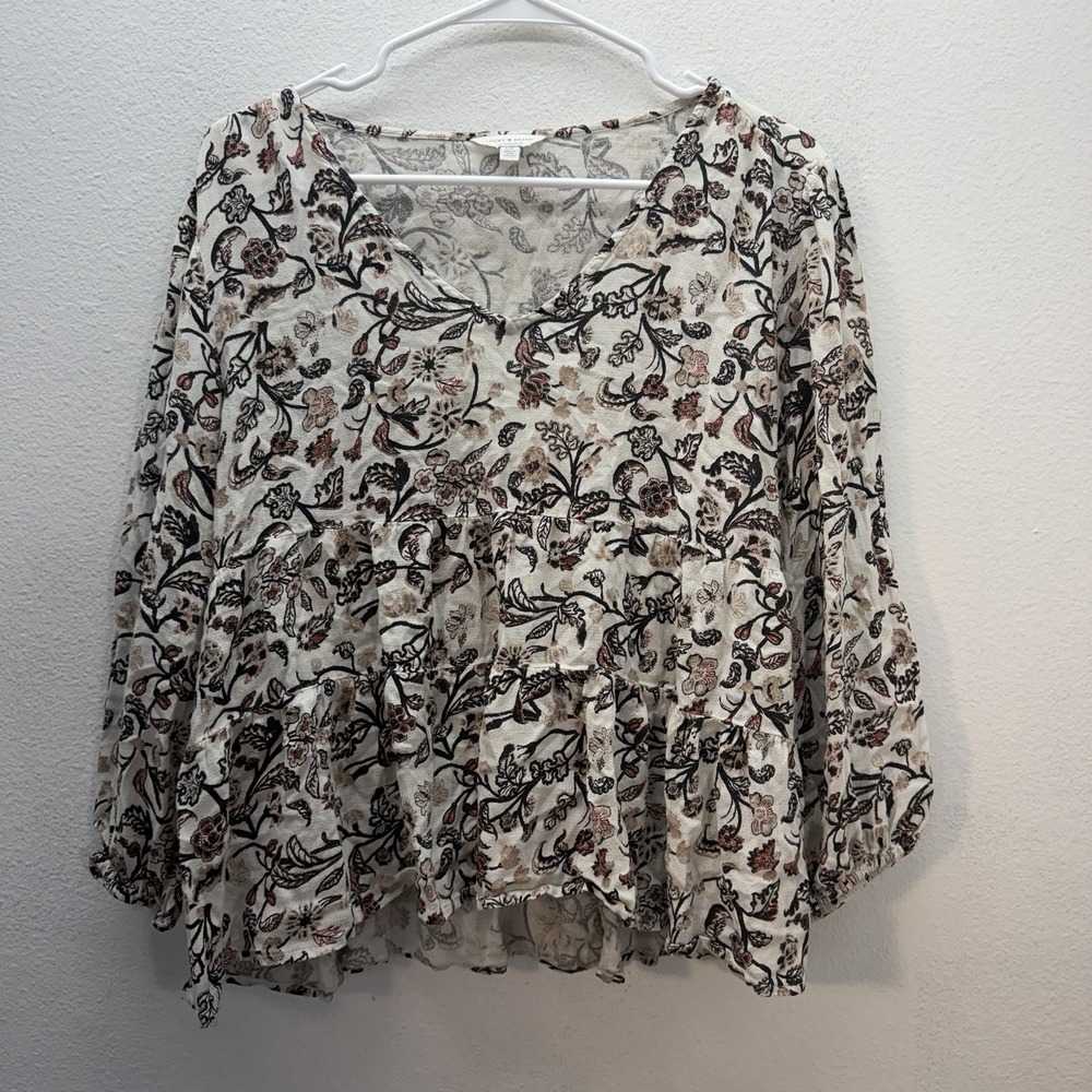Lucky Brand Floral Peasant Top Blouse Womens L Flowy Boho Cottagecore Babydoll